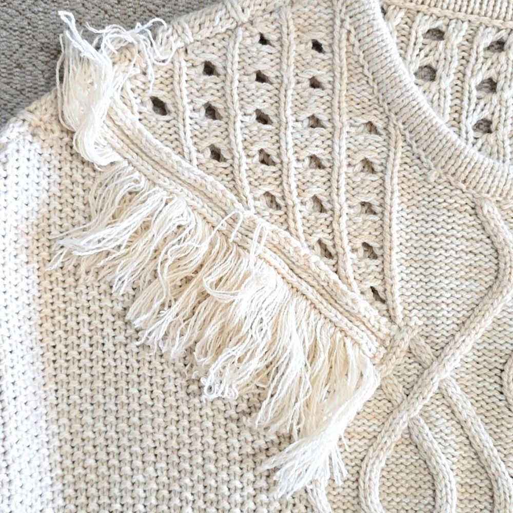 Boston Proper Oatmeal Cream Cable Knit Fringe Sweater - Size Large - Picture 5 of 14